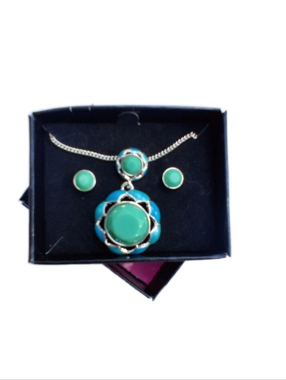 Avon Vintage Style Teal Blue Enamel & Green Cabochon Necklace Earring Set